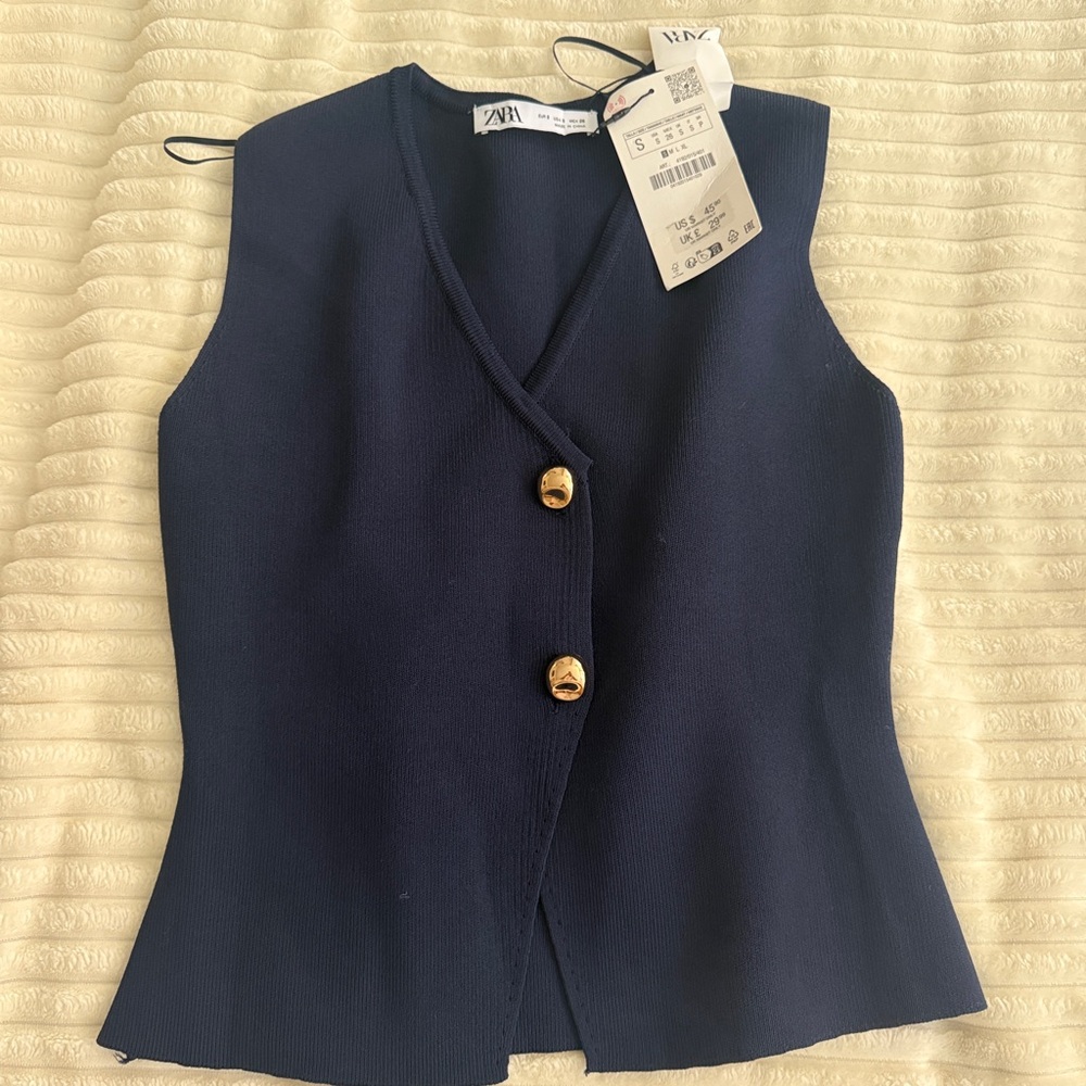 Zara Dark Blue Sleeveless Top with Gold Buttons